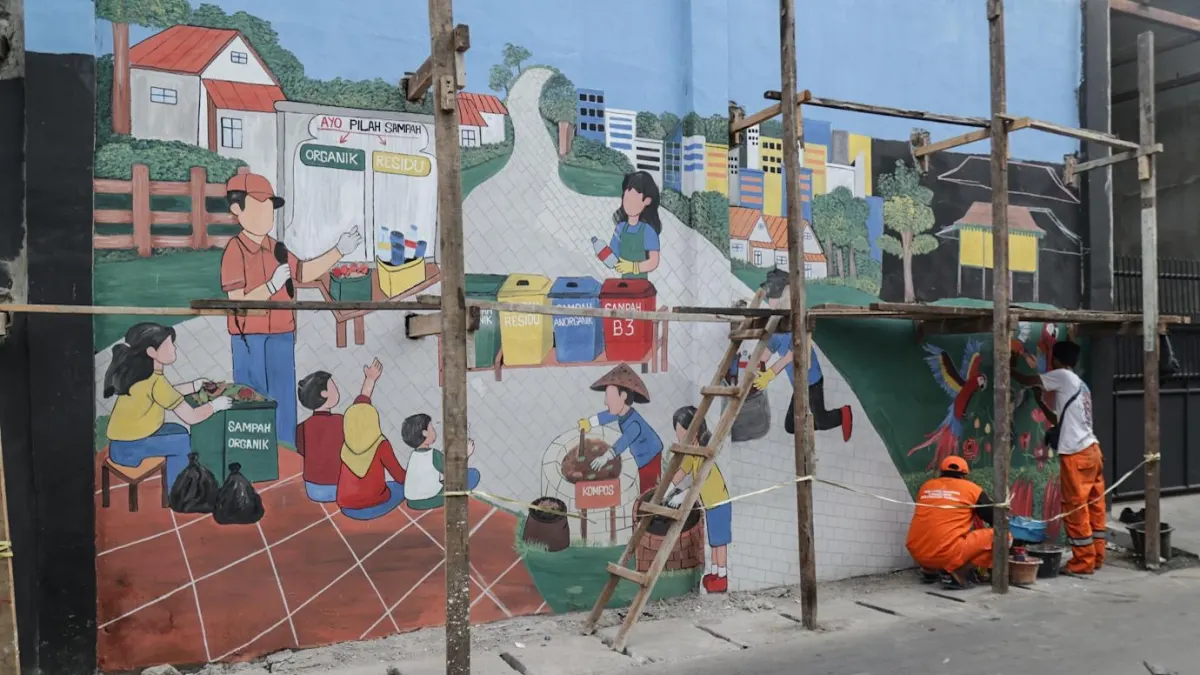 Petugas PPSU Kelurahan Tangki menyelesaikan mural edukasi pemilahan dan pengolahan sampah di Jalan Mangga Besar IX, Taman Sari, Jakarta Barat, Senin (26/10/2026)